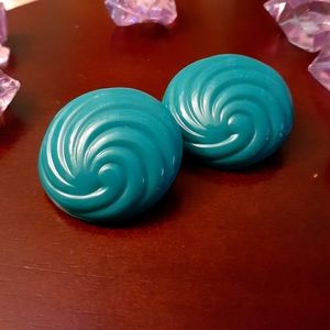 Vintage Clip On Teal Swirl Acrylic Earrings 1 Inch